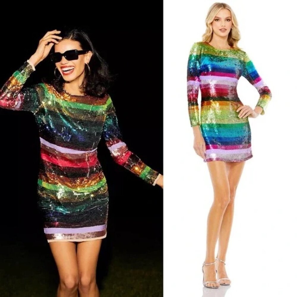 Mac Duggal 93724 Multi Color Rainbow Striped Sequin Mini Dress Size 4